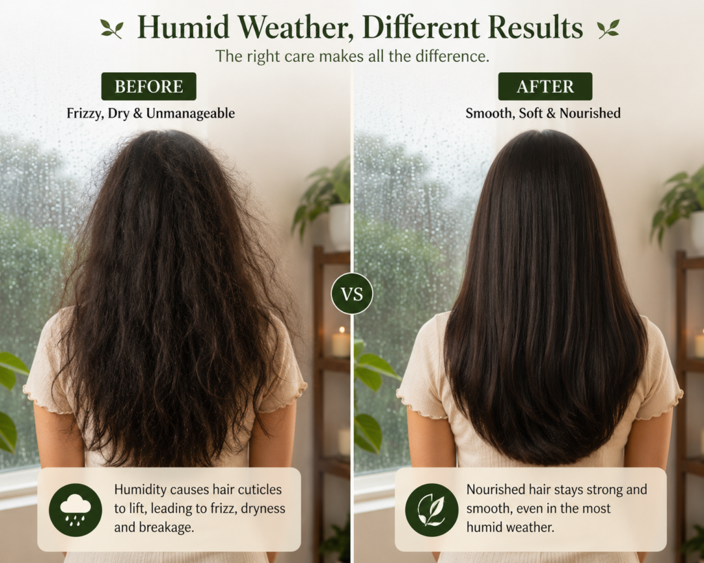 humidity frizzy hair before after Ayurvedic routine