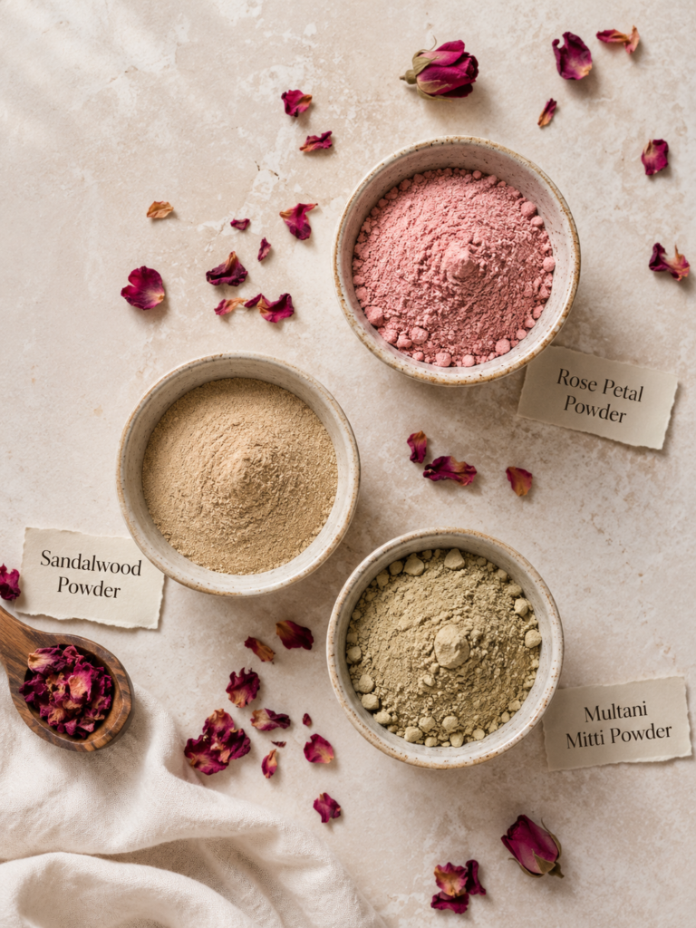 Ayurvedic ingredients for dry flaky skin — rose, sandalwood, and Multani Mitti powders