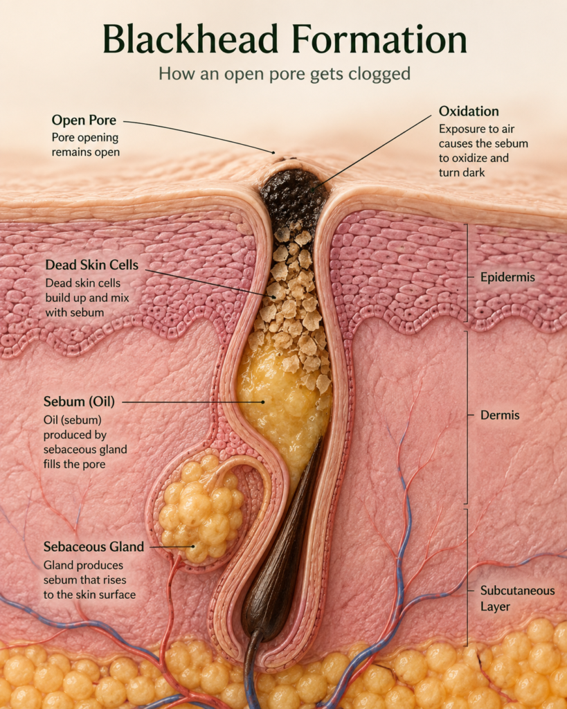 Diagram showing how blackheads form in an open pore