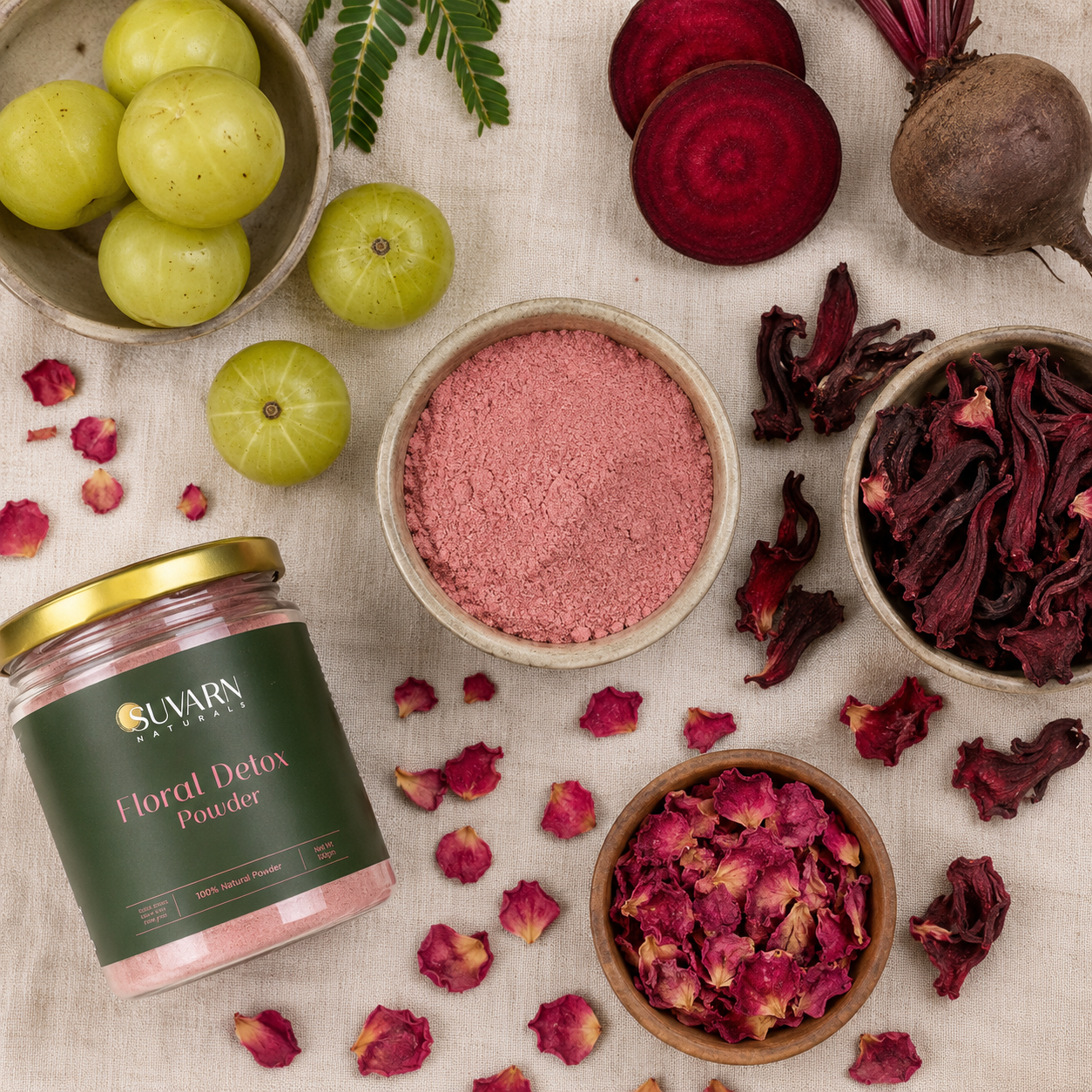 Floral Detox Powder ingredients — Amla, Beetroot, Hibiscus, Rose