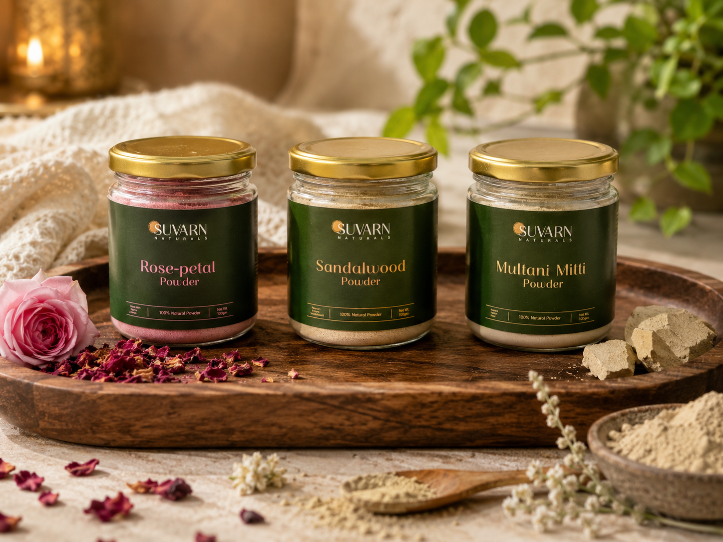 Suvarn Naturals herbal powders for dry flaky skin — Rose, Sandalwood, Multani Mitti