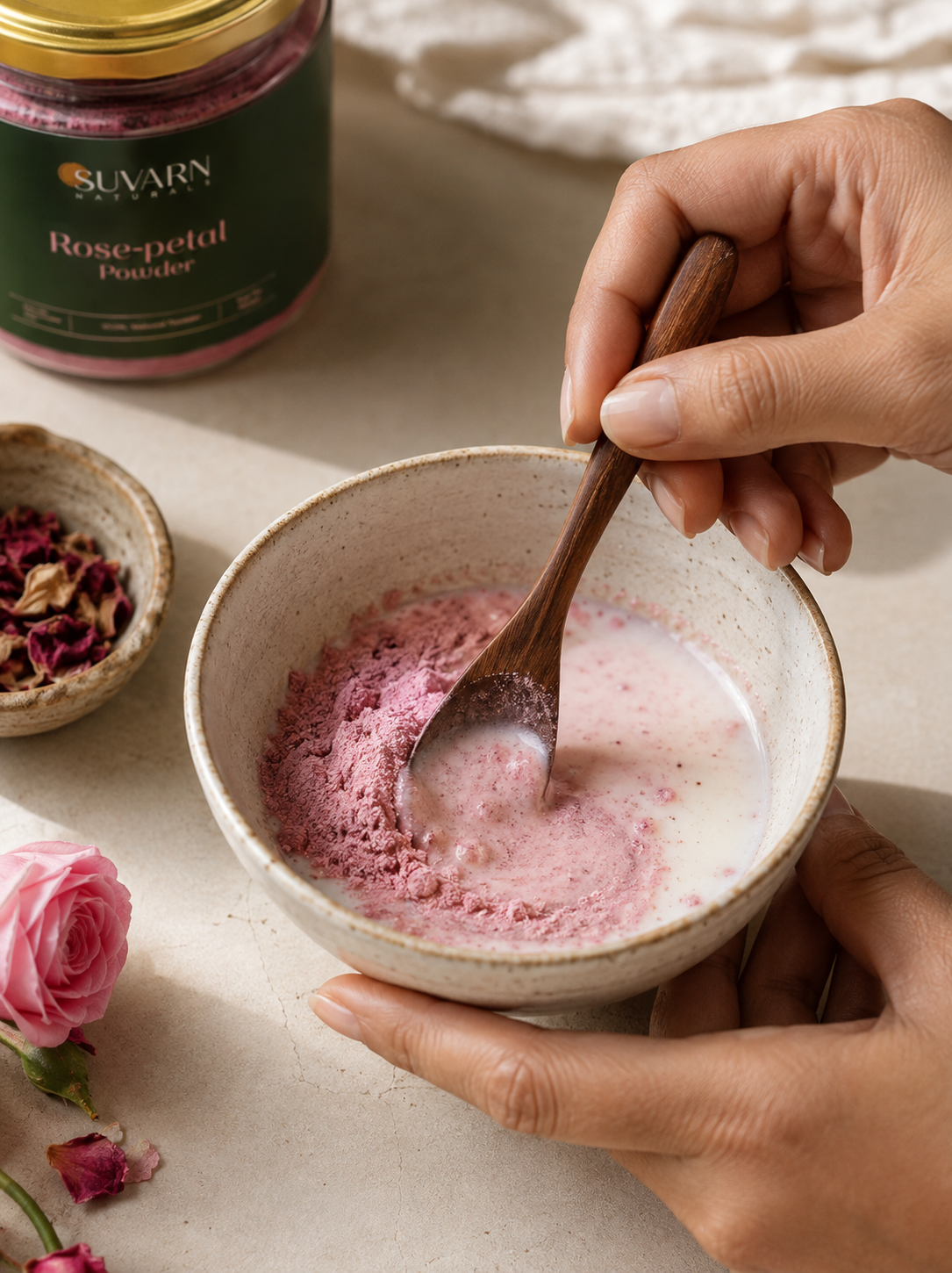 dry flaky skin remedy — Rose Petal Powder mixed with milk for a gentle Ayurvedic face pack