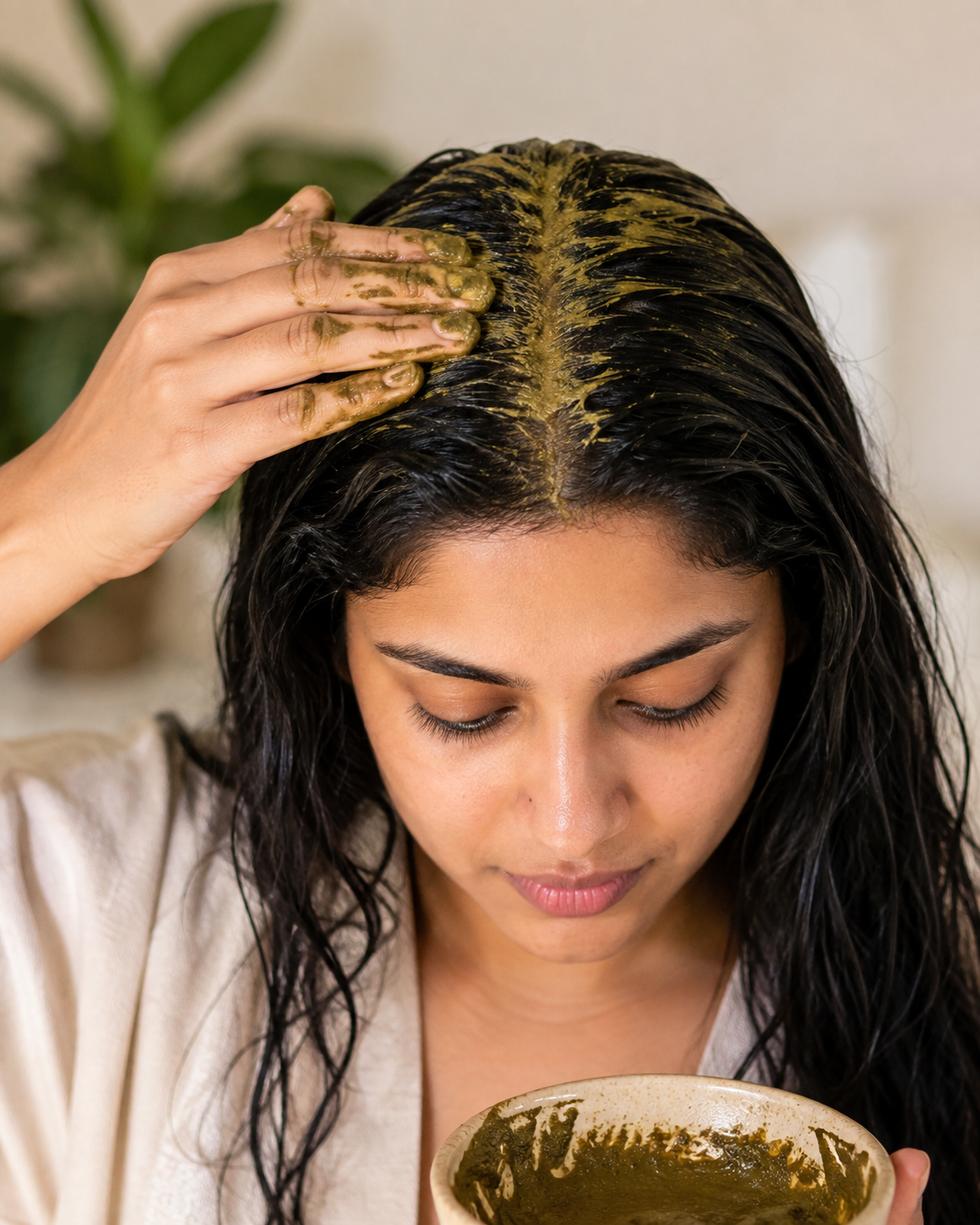 Applying a neem powder paste to the scalp before shampooing