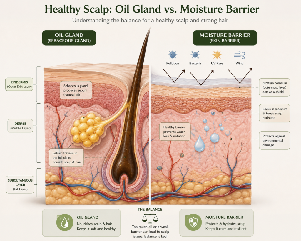 Diagram comparing sebaceous oil activity and skin moisture barrier on the scalp