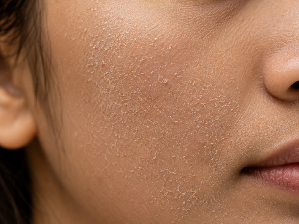 what dry flaky skin looks like on the face before an Ayurvedic skincare routine